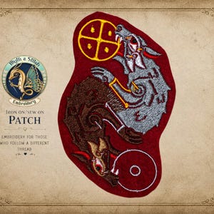 May include: Embroidered patch featuring a wolf and a bear in a yin-yang design, with a yellow sun symbol. The patch is red with white, gray, brown, and yellow embroidery. Text on the patch reads "Myth a Stitch Embroidery" and "Iron on/Sew on Patch".