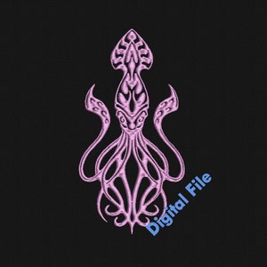 May include: A pink stylized illustration of a squid with intricate details. The squid is facing upwards with its tentacles spread out.
