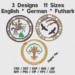 Viking patch embroidery design bundle.  Odin, Slepnir, Yggdrasil, Ravens and Jörmungandr