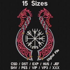 Puede incluir: Un archivo de bordado digital que presenta un diseño rojo y plateado de dos dragones entrelazados con una brújula blanca en el centro. El texto "15 Sizes" está en la parte superior de la imagen. El texto "Digital File" está en el lado derecho de la imagen. El texto "CSD / DST / EXP / HUS / JEF SHV / PES / VIP / VP3 / XXX" está en la parte inferior de la imagen.