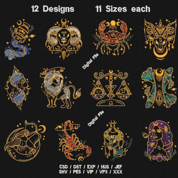 Zodiac bundle 12 designs 11 sizes Machine Embroidery