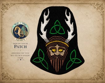 May include: A black iron-on or sew-on patch featuring an embroidered design of a bearded figure with white antlers, yellow eyes, and a gold headband. The patch includes three green triquetra symbols and is displayed with the text Myth a Stitch Embroidery.