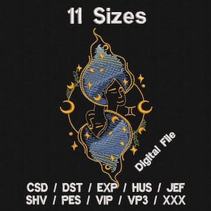 Peut inclure: Un motif de broderie numérique représentant deux visages stylisés avec une lune croissante et des étoiles. Le motif est disponible en 11 tailles et dans les formats suivants : CSD, DST, EXP, HUS, JEF, SHV, PES, VIP, VP3 et XXX.