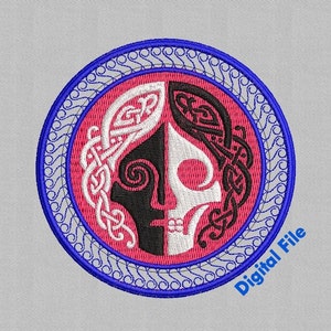 May include: Embroidered design featuring a black and white skull with intricate Celtic knotwork on a pink background. The design is surrounded by a blue circular border with a repeating pattern.