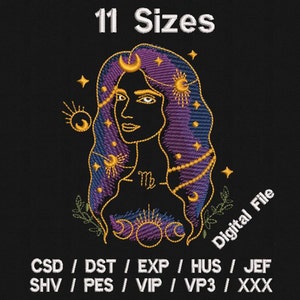 Könnte beinhalten: Eine gestickte Darstellung einer Frau mit lila und goldenen Haaren, umgeben von Sternen und Monden. Das Design enthält das astrologische Symbol für Jungfrau. Der Text "11 Größen" und "Digitale Datei" ist ebenfalls enthalten. Der Text "CSD/DST/EXP/HUS/JEF SHV/PES/VIP/VP3/XXX" befindet sich am unteren Rand des Designs.