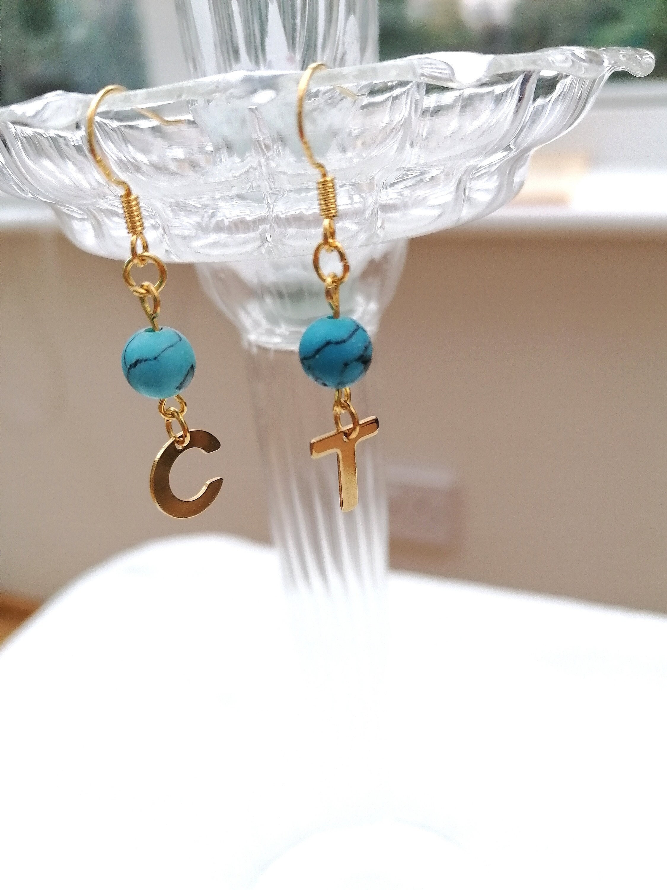 Turquoise Natual Gem Stone/Yellow Citrine Natural Gem Stone Gold Initial Earrings-Birthstone Gifts-Gifts For Her-Personalized Gift Jewellery