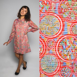 60s Red Babydoll Psychedelic Marble Print Dress - Medium Large