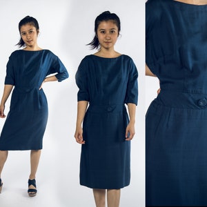 Gorgeous 1960s Navy Blue Sheath Dress -  Small
