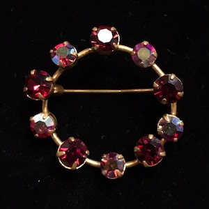 Amazing Austria Signed Brooch w Iridescent and Red Crystals