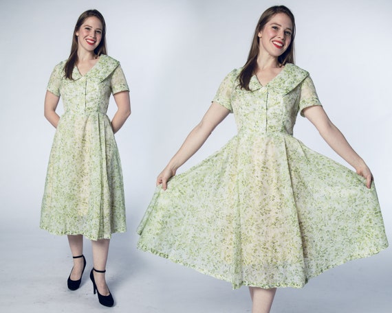 Beautiful 1950s Green Sheer Dress Foliage Flower -