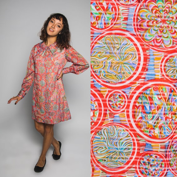 60s Red Babydoll Psychedelic Marble Print Dress -