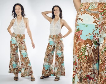 Amazing 1970s Asian Novelty Print High Waisted Pants  - Small