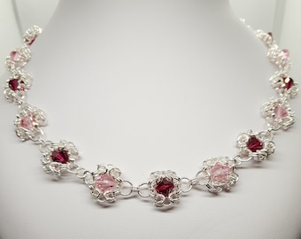 Chainmaille necklace - Swarovski crystal necklace - Flower necklace - Red and pink necklace