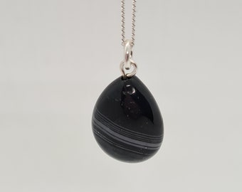 Black agate pendant necklace - Black agate teardrop pendant necklace - Black gemstone pendant necklace - Striped black agate pendant