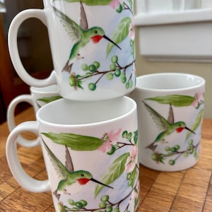 Hand Painted Hummingbird Coffee Mugs - Set of 4 Stoneware Tea Cups