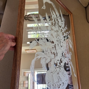 Large etched floral vintage 80s wall mirror wood frame/large wall mirror/vintage etched wall mirror/vintage style/cottagecore decor