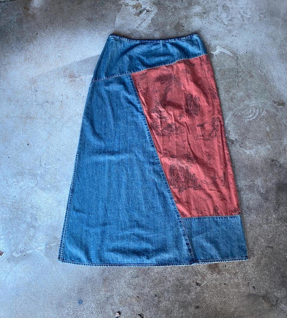 Y2k Toile Patch Denim Maxi Skirt