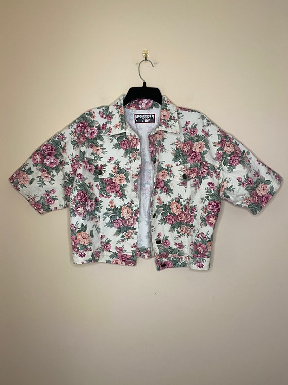 90s-80s OZONE Floral Short Sleeve Denim Shirt/Jac… - image 1