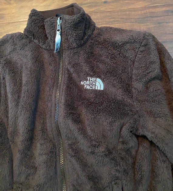 brown fuzzy north face jacket
