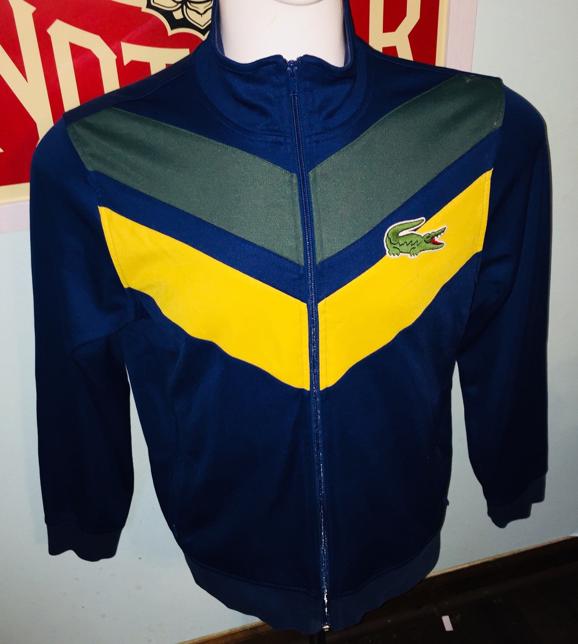 Lacoste zip up sweatshirt size 6 tracksuite yellow blue soccer football running usa retro size small adult streetwear classic vintage gator