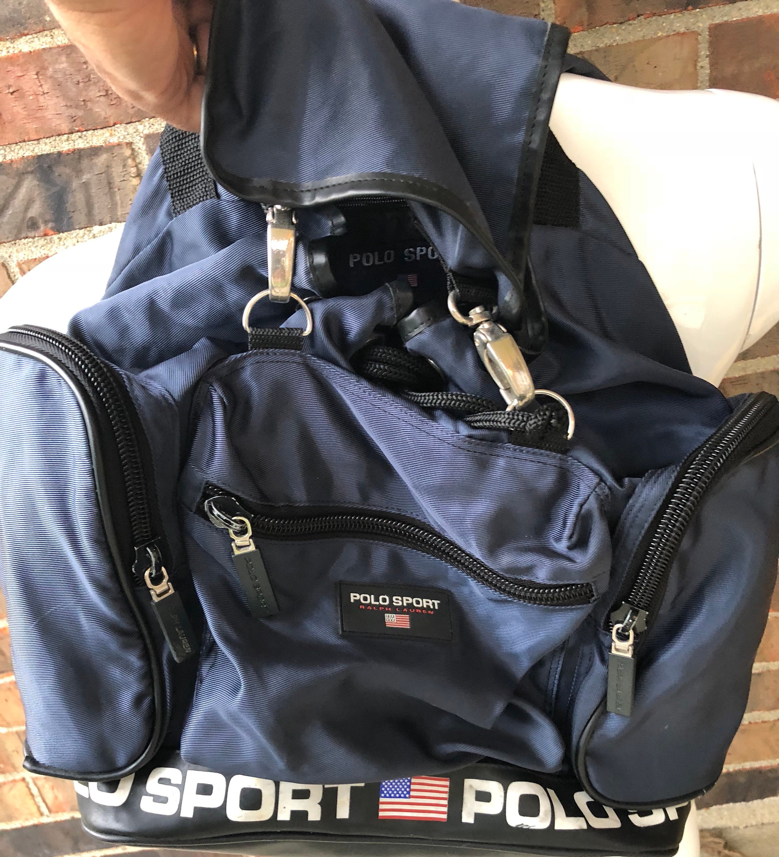 Polo Sport Ralph Lauren Blue Backpack Pockets School Bag Vintage 90s Carry  On
