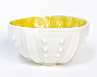 Yellow porcelain rice bowl, ocean ceramics, coastal pottery, sea urchin seashell yellow bowl, handmade white bowl, ice cream bowl