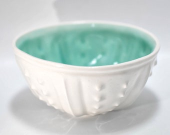 Aqua porcelain rice bowl, ocean ceramics, coastal pottery, sea urchin seashell blue bowl, handmade white bowl, ice cream bowl