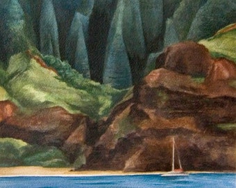 Na Pali Coast Art Print – Kalalau Beach Kauai Watercolor, Ocean Cruise Hawaii Art