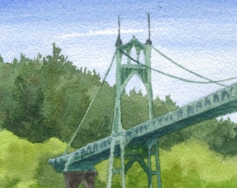 May include: A watercolor painting of a green bridge over a river with a blue sky in the background. The bridge has a tall, arched structure and is surrounded by green trees. The river is calm and reflects the sky and bridge.