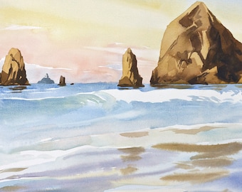 Haystack Rock Watercolor Art Print, Oregon Coast Painting, Cannon Beach and Tillamook Rock Lighthouse