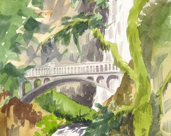 Impression d'Art aquarelle de Multnomah Falls, peinture de cascade de l'Oregon des gorges du Columbia, pont de Multnomah Falls