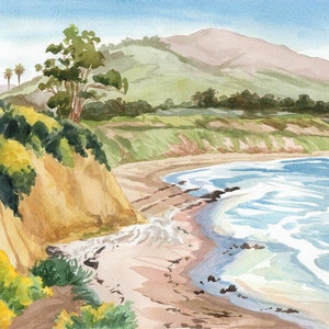 Carpinteria California art print, Santa Barbara watercolor, California beach painting, Santa Barbara artwork, Carpinteria bluffs cliffs