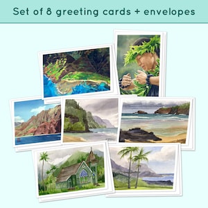 Set of 8 Hawaii greeting cards, Hawaii art print notecards, Hawaii watercolor art, Kauai art prints, Na Pali coast, Poipu, Hanalei church