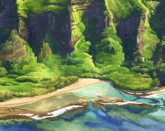 Na Pali Coast Art Print - Kee Beach Kauai Hawaii Watercolor Painting