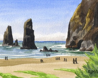 Cannon Beach Art Print, Oregon Coast Watercolor Painting, Haystack Rock, Goonies Beach