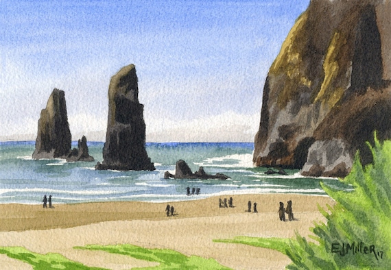 Cannon Beach Oregon Art Print Haystack Rock Watercolor Etsy