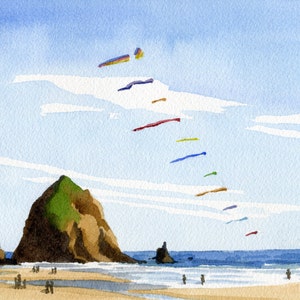 Haystack Rock Cannon Beach art print, Oregon watercolor painting, Oregon coast artwork, Oregon beach kites wall art, Cannon Beach wall art