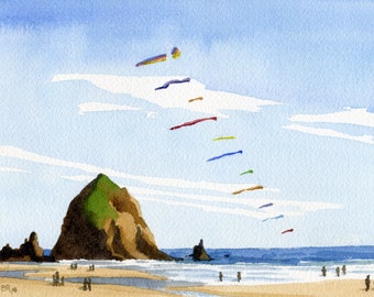 Pode incluir: Uma pintura em aquarela de um afloramento rochoso em uma praia com um céu azul e muitas pipas coloridas voando no ar.