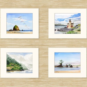 Set of 4 Oregon coast art prints: Oregon coast art, Haystack Rock Cannon Beach art, Bandon lighthouse art, Newport Oregon wall art