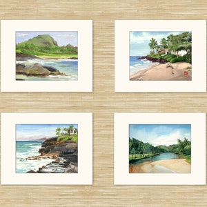Set of 4 Poipu Kauai art prints: Poipu beach painting, Shipwreck Beach art, Lawai Kai watercolor, Hawaii wall art