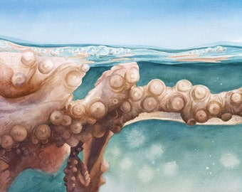 Octopus art print, ocean artwork, tentacles painting, underwater art, octopus watercolor painting, blue ocean wall art, octopus wall art