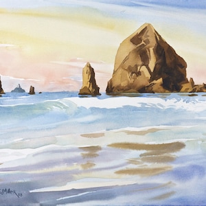 Haystack Rock art print, Cannon Beach painting, Oregon coast artwork, Tillamook Head Lighthouse, Cannon Beach watercolor, Oregon wall art