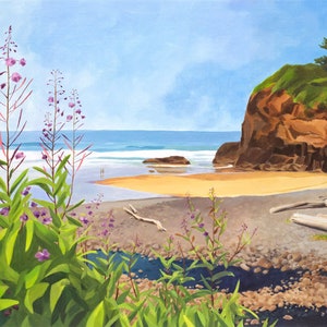 Oregon coast art print - Oregon beach print, Oceanside painting, Oregon coast wall art, Tillamook Oregon art, Cape Meares Oregon coast art