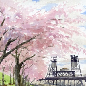 May include: Watercolor painting of a bridge with pink cherry blossom trees in the foreground. The bridge is made of metal and has a dark gray color. The trees are in full bloom and have a soft pink color. The sky is a light blue with white clouds.