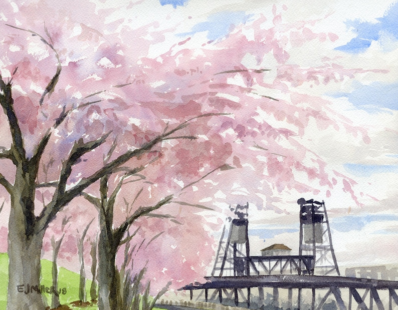 May include: Watercolor painting of a bridge with pink cherry blossom trees in the foreground. The bridge is made of metal and has a dark gray color. The trees are in full bloom and have a soft pink color. The sky is a light blue with white clouds.