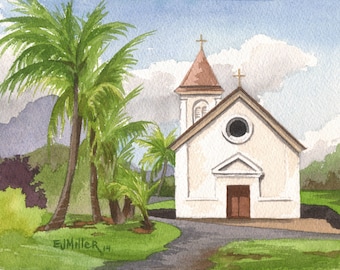 Poipu Church Kauai art print, St. Raphael's Kauai watercolor painting, Koloa church painting, Hawaii artwork, Hawaii palm trees art