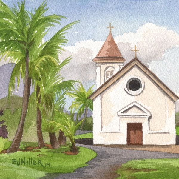 Poipu Church Kauai art print, St. Raphael's Kauai watercolor painting, Koloa church painting, Hawaii artwork, Hawaii palm trees art