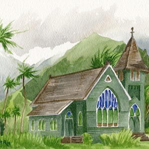 Hanalei Green Church Kauai art print : Waioli Huiia, Hawaii artwork, Hawaiian landscape watercolor painting, green tropical palm trees