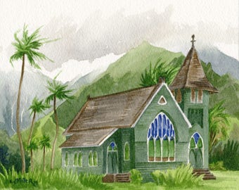 Hanalei Green Church Kauai art print : Waioli Huiia, Hawaii artwork, Hawaiian landscape watercolor painting, green tropical palm trees