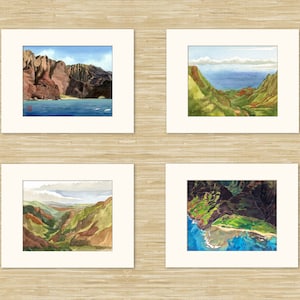 Set of 4 Na Pali Kauai art prints: Waimea Canyon, Kalalau Lookout art, Nualolo Kai watercolor, Honopu painting, Hawaii wall art